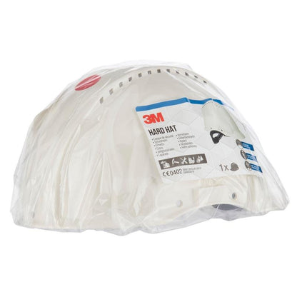 En stapel skyddshjälmar från 3M Deutschland GmbH skyddshjälm G3000C Uvicator, förpackade i genomskinlig plast med en synlig etikett som anger varumärke, produktinformation, säkerhetscertifieringar och en Uvicator-sensor för ökat skydd.