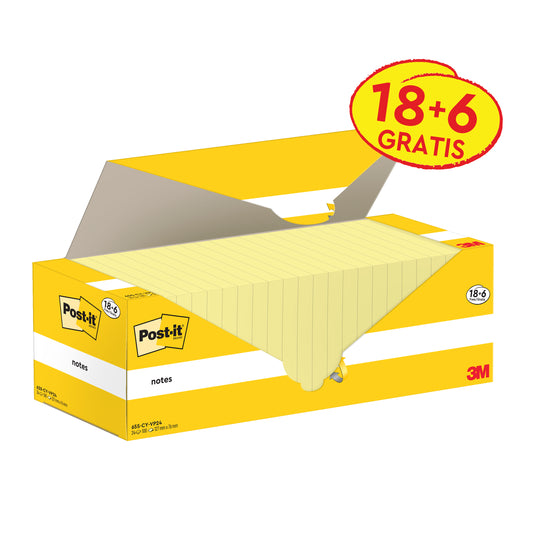 Eine gelb-weiße Schachtel Post-it® Notes der 3M Deutschland GmbH enthält 18 Blöcke plus 6 freie Blöcke (76x127mm, je 100 Blatt), gelb, in einer Kartonverpackung, beschriftet mit "18+6 GRATIS", und zertifiziert nach 100% PEFC SGSCH-PEFC-COC-110078.