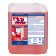 Ein großer, transparenter Kunststoffbehälter von Dr. Schnell MILIZID Kraftgel Sanitärreiniger (sauer für Grundreinigung) von DR.SCHNELL GmbH & Co. KGaA, gefüllt mit roter Flüssigkeit und deutscher Anleitung zur Entfernung mineralischer Ablagerungen.