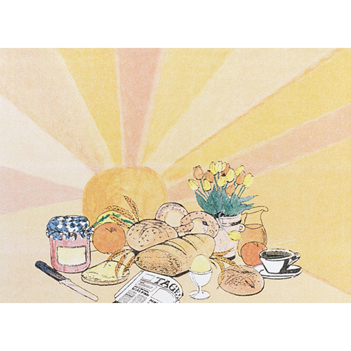 Ett frukostbord med bröd, marmelad, kaffe, frukt och blommor är dukat på Dunicel bordsunderlägg 30x40 cm från Duni GmbH (100 stycken) medan morgonsolen går upp i bakgrunden - perfekt för fester och firande.