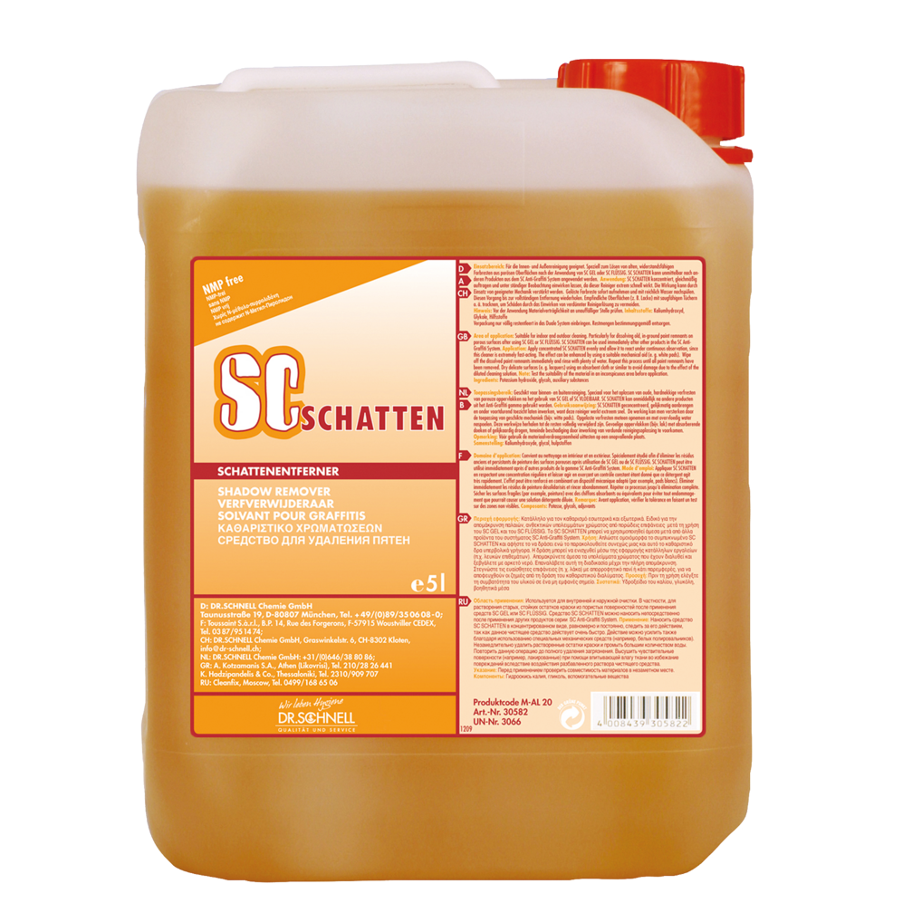 Ein 5-Liter-Kanister des Dr. Schnell SC SCHATTEN Graffitientferners der DR.SCHNELL GmbH & Co. KGaA, einem wirksamen Entferner für Graffiti-Schatten, mit Produktangaben und mehrsprachiger Anleitung auf dem Etikett.