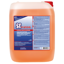 Ein 10-Liter-Behälter aus durchsichtigem Kunststoff mit orangefarbener Flüssigkeit und rotem Deckel. Auf dem Etikett steht "Dr. Schnell SC FLÜSSIG Graffitientferner" von DR.SCHNELL GmbH & Co. KGaA, mit Produktinformation in mehreren Sprachen.