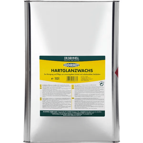 En 10-litersbehållare Dr. Schnell HORNIT Hartglanzwachs från DR.SCHNELL GmbH & Co. KGaA, idealisk för professionell byggnadsrengöring och golvvård, lämplig för förseglat parkett och oförseglade trägolv.
