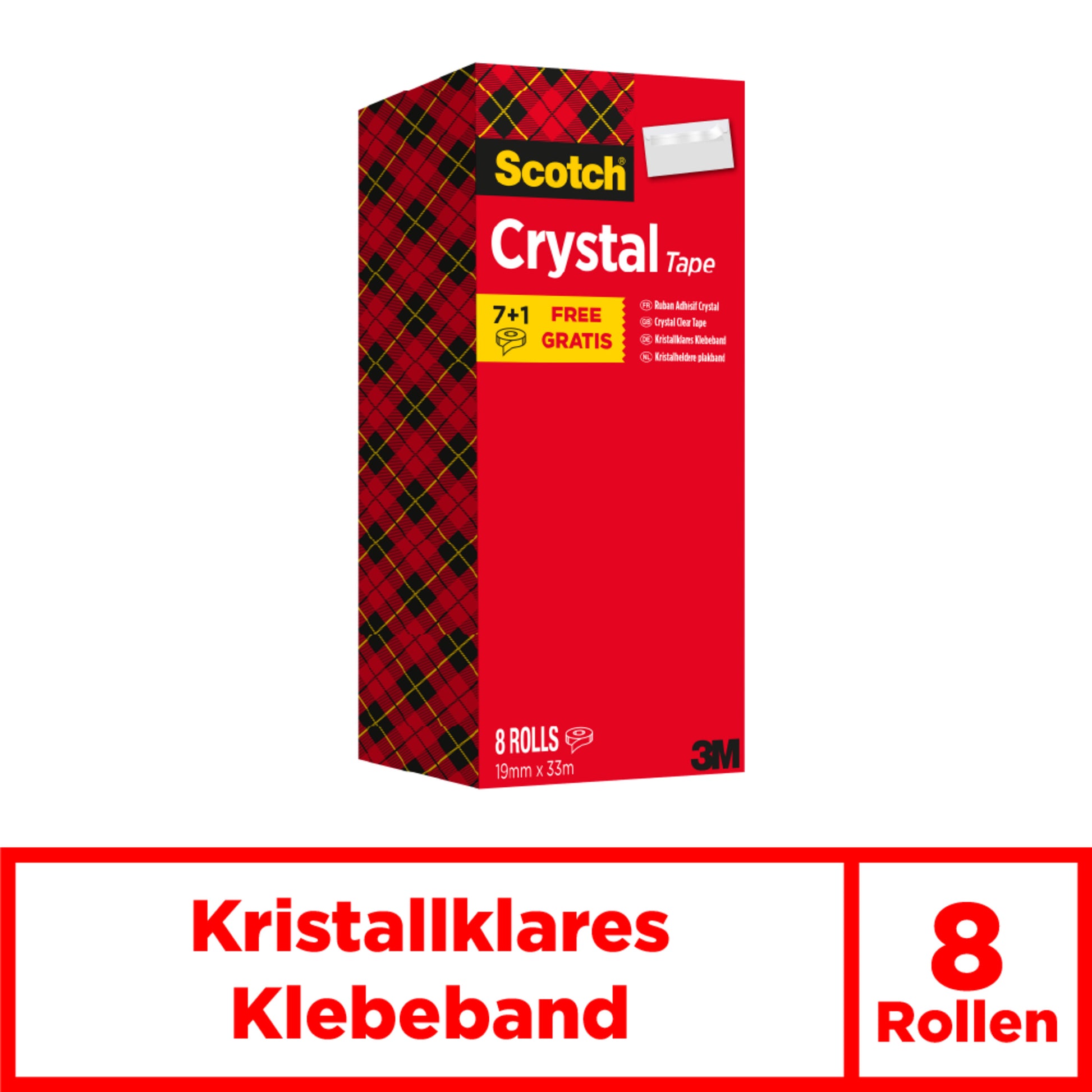 Eine rote Schachtel mit 3M Scotch® Crystal Klebeband enthält 8 transparente Rollen (19 mm x 33 m) in einer Vorteilspackung. Die Schachtel ist kariert und hat einen Text in Deutsch und Englisch.