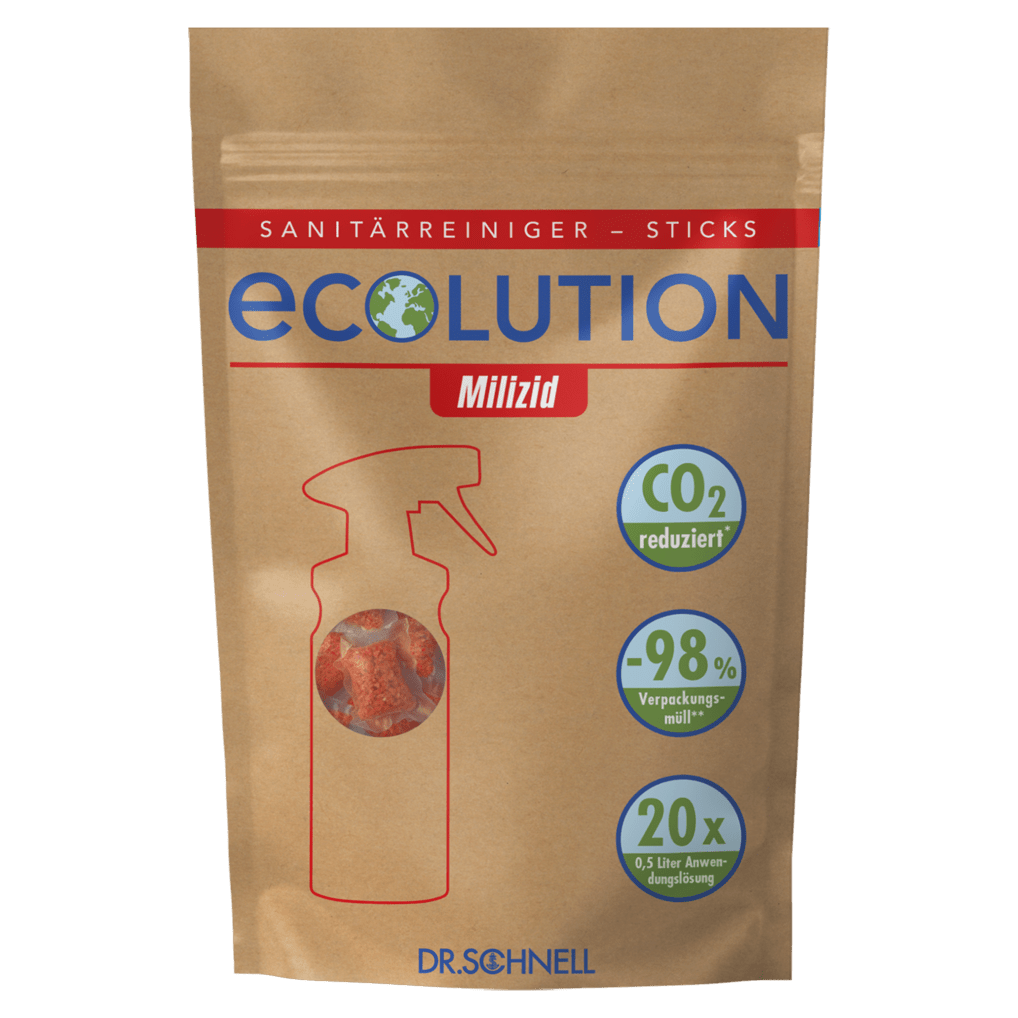 En brun återförslutningsbar påse med texten "Dr. Schnell ”ECOLUTION Milizid Sticks, pulverformigt sanitetsrengöringsmedel/kalkborttagare (60 g)” från DR.SCHNELL GmbH & Co. KGaA visar följande symboler: ”Minskar CO₂!”, ”-98 % förpackningsavfall”, ”20 x 0,5 l användningslösning” och en röd kontur av en sprayflaska.