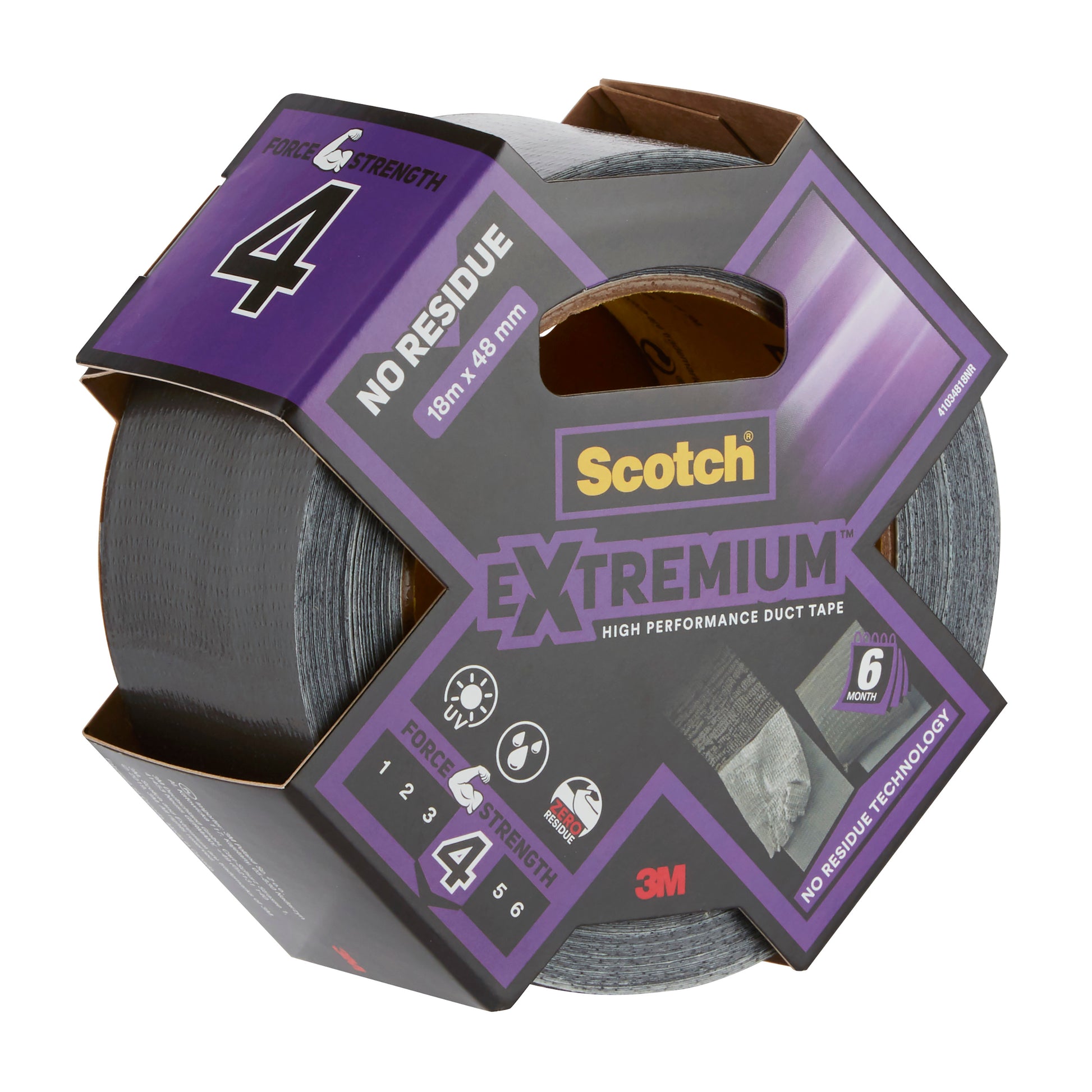 Eine Rolle Scotch® Extremium™ No Residue Hochleistungs-Gewebeklebeband (18,2 m x 48 mm) von 3M Deutschland GmbH in der Verpackung mit lila-grauem Design und Angaben wie "no residue" und "force strength 4".
