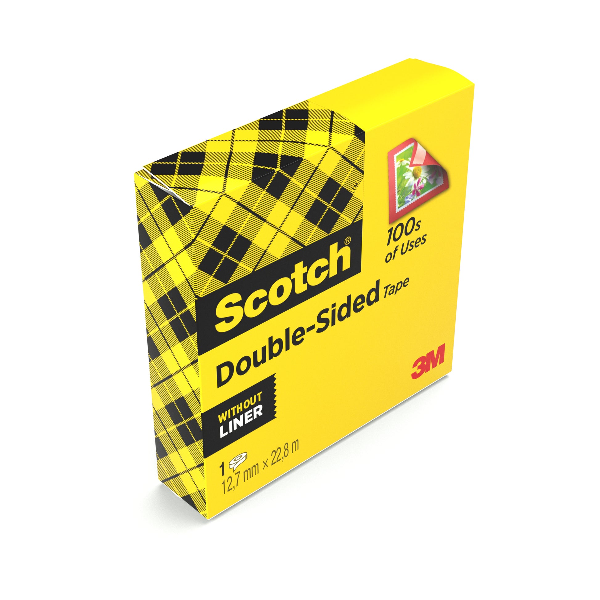 Eine gelbe Schachtel Scotch® doppelseitiges Klebeband von 3M Deutschland GmbH, 12 mm x 22,8 m, mit schwarzem Karomuster und den Aufschriften "100s of Uses" und "Without Liner". Enthält 1 Rolle pro Packung.