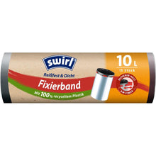 En rulle Swirl fixeringsband-soppåsar 10 l Rivsäker & Tät från Melitta Europa GmbH & Co. KG innehåller 15 påsar av 100 % återvunnen plast, med röd, grön och blå tysk märkning för en miljövänlig avfallshantering.