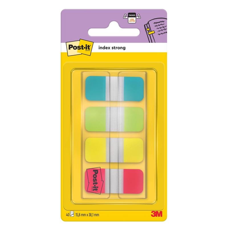 Post-it® Index Strong arkivflikar, Mini (15,8 mm x 38,1 mm) i gult, rött, blått och grönt från 3M Deutschland GmbH kommer som 40 klisterlappar/dispenser (1 styck), idealisk för att organisera dokument - en förpackning med plastdispenser.