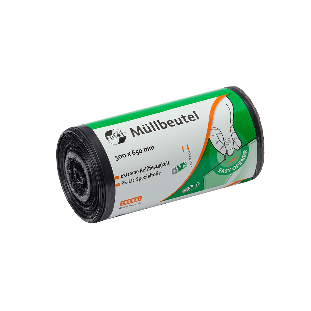 EMIL DEISS KG (GmbH + Co.) DEISS 34007 soppåsar, 500x650 mm grå, rulle med 50 stycken, idealisk för kontorsmaterial. Den grå rullen visar en handgrafik och en "easy opener"-symbol för enkel öppning.