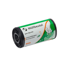 Der EMIL DEISS KG (GmbH + Co.) DEISS 34007 Müllbeutel, 500x650 mm grau, Rolle mit 50 Stück, ideal für Bürobedarf. Die graue Rolle zeigt eine Handgrafik und ein "easy opener"-Symbol für einfaches Öffnen.