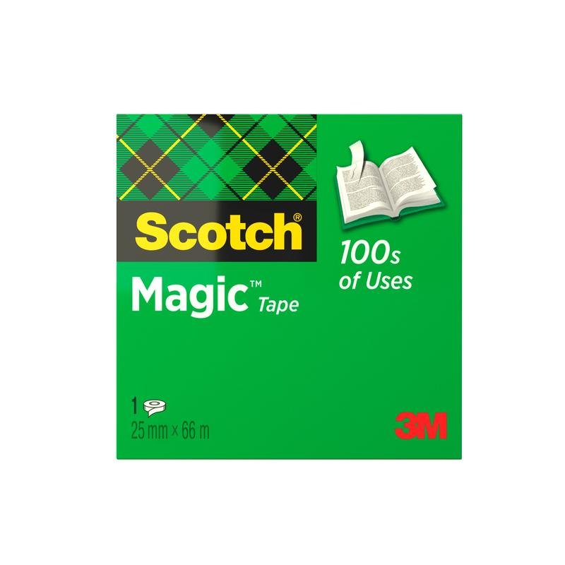 En grön låda Scotch® Magic™ Osynlig Tejp från 3M Deutschland GmbH med Scotch-logotypen, symbolen för en öppen bok, "100s of Uses", "3M" i rött och informationen 25 mm x 66 m med 1 rulle inuti.