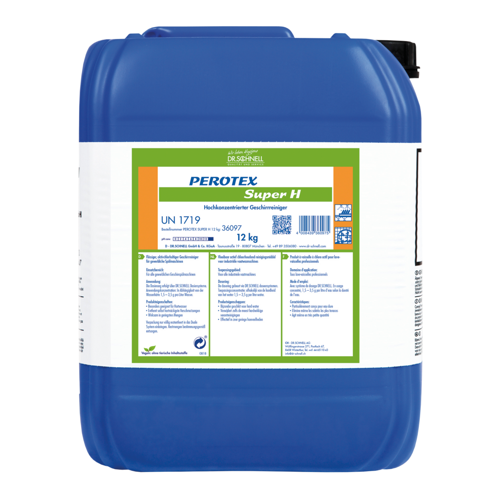 Ein blauer 12 kg Kunststoffbehälter mit der Aufschrift "Dr. Schnell PEROTEX SUPER H" der DR.SCHNELL GmbH & Co. KGaA, ein Hochleistungsreiniger für den professionellen Einsatz, mit Produktcodes und mehrsprachigen Anweisungen auf dem weiß-grünen Etikett.