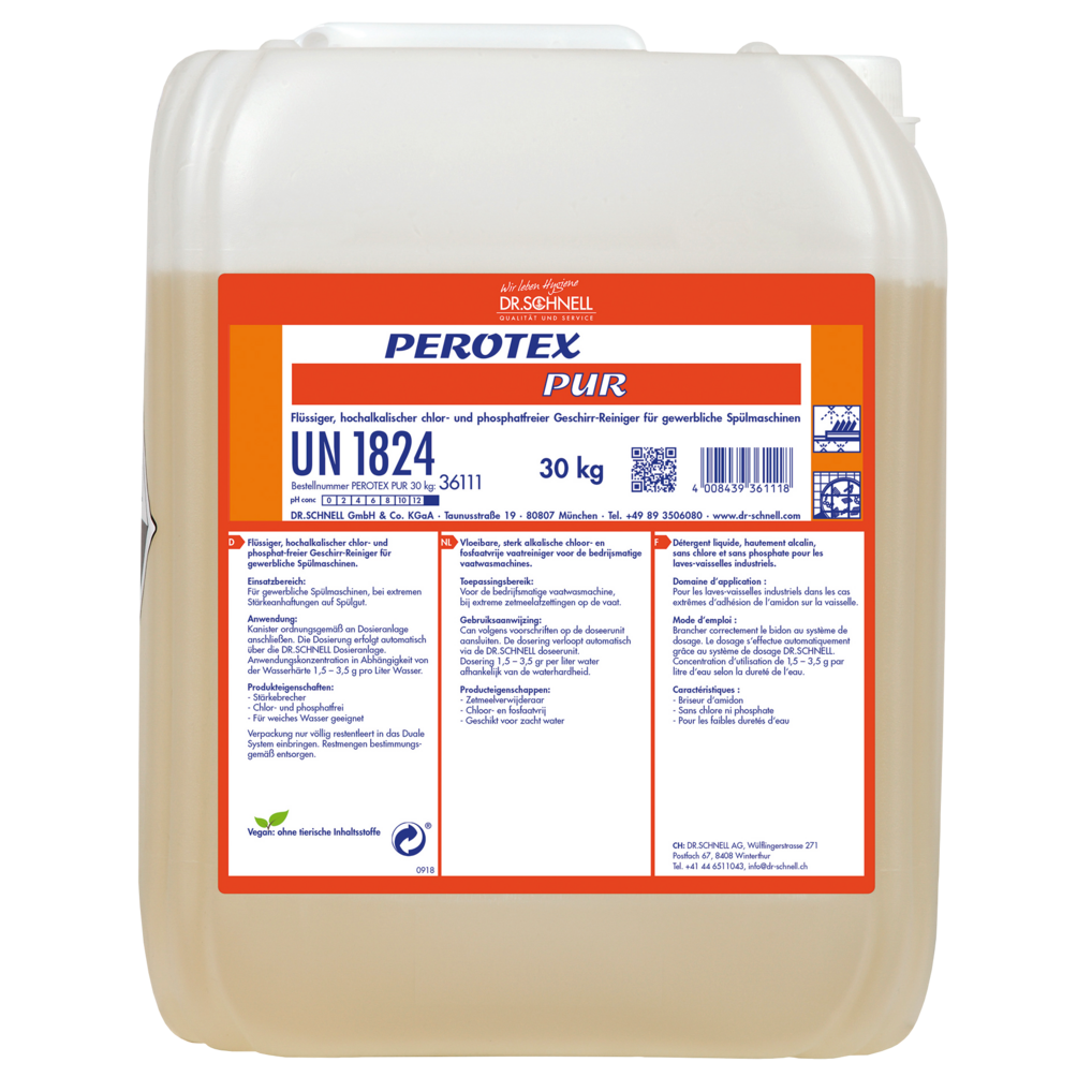 Ein 30-kg-Kunststoffbehälter von Dr. Schnell PEROTEX PUR Geschirrreiniger für gewerbliche Spülmaschinen (DR.SCHNELL GmbH & Co. KGaA) mit weißer Kappe, Gefahrenetiketten und einem Frontetikett mit Produktangaben und Sicherheitshinweisen.