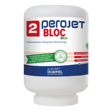 Eine weiße 4 kg Kartusche mit der Aufschrift "Dr. Schnell PEROJET BLOC 2 ECO" der DR.SCHNELL GmbH & Co. KGaA ist ein umweltfreundlicher gewerblicher Geschirrspülmaschinenreiniger; das Etikett ist mit dem deutschen Text "SAFESYSTEM" und grün-roten Designelementen versehen.