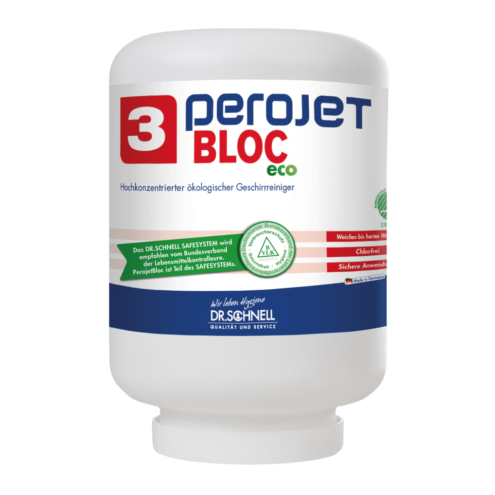 En vit 4 kg patron med texten "Dr. Schnell PEROJET BLOC 3 ECO Diskmedel för kommersiella diskmaskiner, ekologisk" från DR.SCHNELL GmbH & Co. KGaA är försedd med ekologiska certifieringsmärken på framsidan.