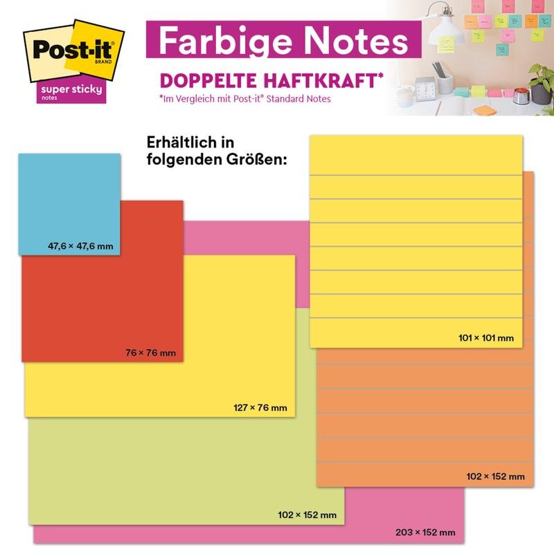 En grafik visar Post-it® Super Sticky Notes i storformat (101 mm x 101 mm, 70 blad/block, 100% PEFC) från 3M Deutschland GmbH, med en kontorsvägg täckt av klisterlappar i bakgrunden.