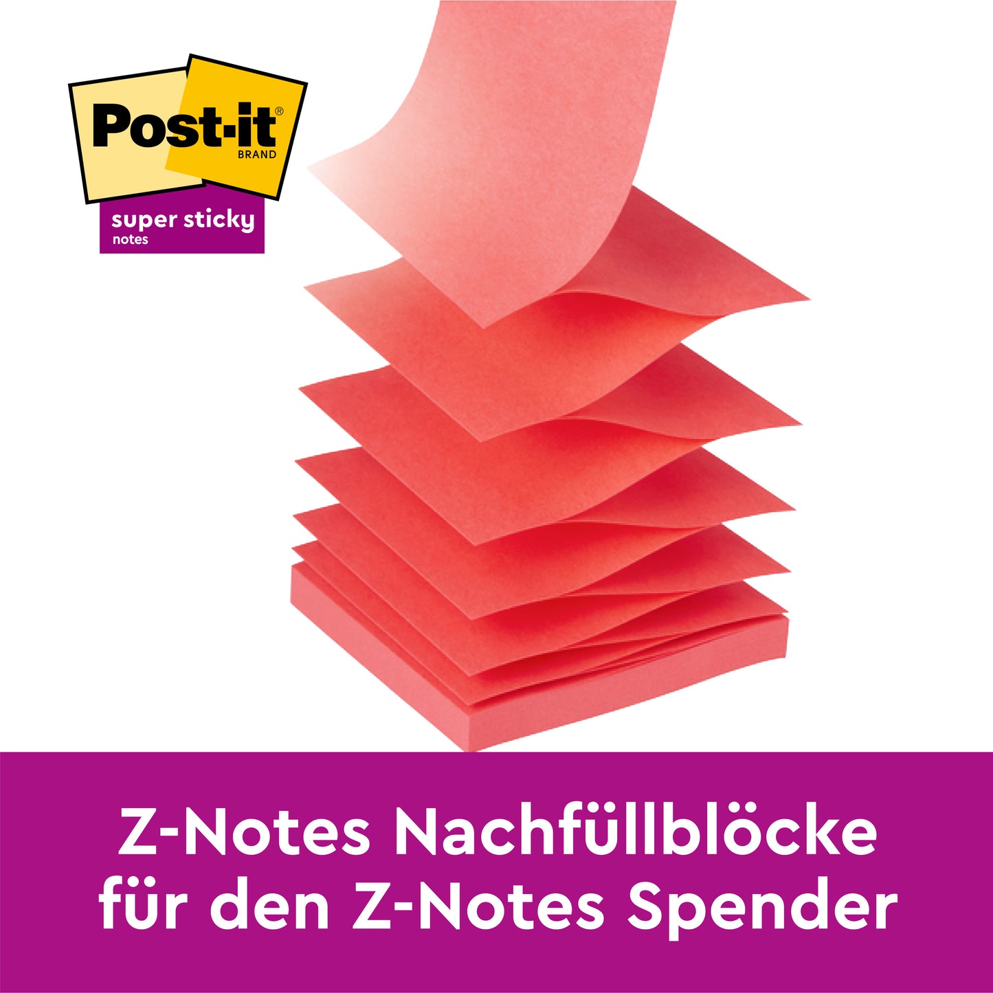 Ein Stapel gelber Post-it® Super Sticky Z-Notes (76 x 76 mm, 90 Blatt/Block) der 3M Deutschland GmbH ist aufgefächert dargestellt. Der deutsche Text lautet: "Z-Notes Nachfüllblöcke für den Z-Notes Spender". Packung mit 20+4 gratis, PEFC-zertifiziert.