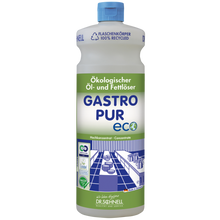 Eine Flasche Dr. Schnell GASTRO PUR ECO Öl- und Fettlöser für Oberflächen von DR.SCHNELL GmbH & Co. KGaA ist mit grünem und blauem Etikett, blauem Verschluss, Recyclingsymbolen, deutschem Text und einer Illustration aus der Großküche versehen.