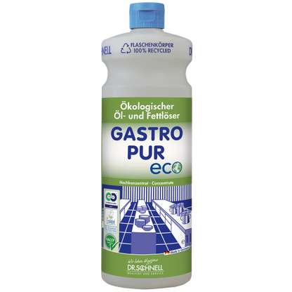 Eine Flasche Dr. Schnell GASTRO PUR ECO Öl- und Fettlöser für Oberflächen von DR.SCHNELL GmbH & Co. KGaA ist mit grünem und blauem Etikett, blauem Verschluss, Recyclingsymbolen, deutschem Text und einer Illustration aus der Großküche versehen.