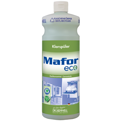 Eine 1L Flasche Dr. Schnell MAFOR ECO Klarspüler für Geschirrspülmaschinen von DR.SCHNELL GmbH & Co. KGaA trägt ein grün-weißes Etikett mit umweltfreundlichen Symbolen und einem Spülmaschinenbild für streifenfreies Geschirr.