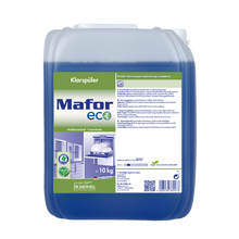 Ein 10 kg transparentes Gebinde Dr. Schnell MAFOR ECO Klarspüler für Geschirrspülmaschinen von DR.SCHNELL GmbH & Co. KGaA mit blauer Flüssigkeit und grün-weißer Umweltplakette für streifenfreies Geschirr.