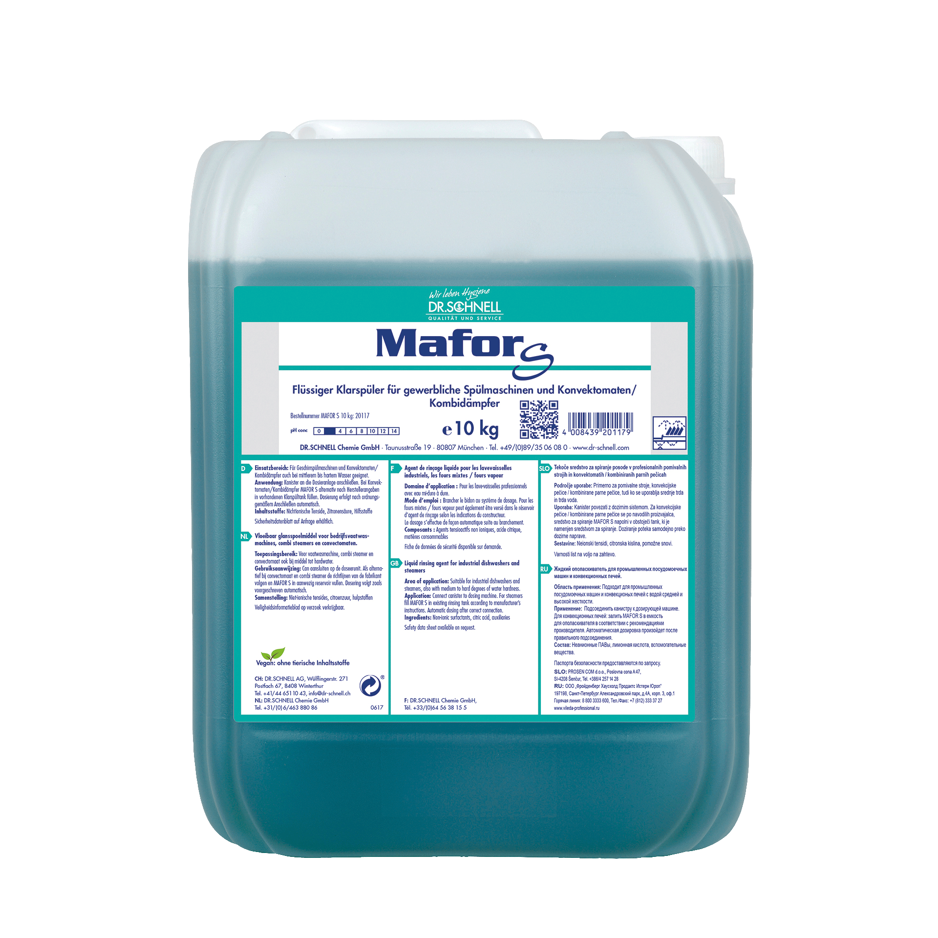 Ein 10 kg durchsichtiger Kunststoffbehälter der DR.SCHNELL GmbH & Co. KGaA Dr. Schnell MAFOR EVO S Klarspüler für Geschirrspülmaschinen, blau-grüne Flüssigkeit mit deutschem Etikett, zur streifenfreien Trocknung und effektiven Kalkverhinderung.