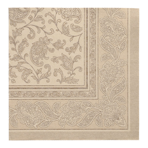 Die PAPSTAR 50 Servietten "ROYAL Collection" 1/4-Falz 40 x 40 cm in sand von PAPSTAR GmbH haben eine elegante Paisley- und Blumenbordüre - ideal für hochwertige Servietten.