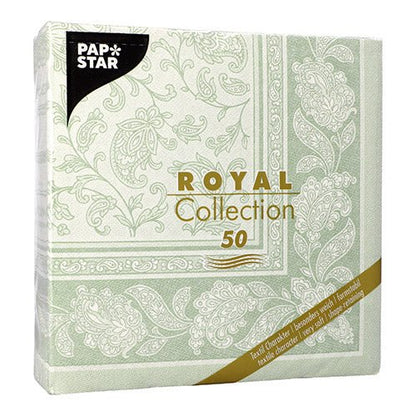 De 50 servetterna "ROYAL Collection" 1/4-vikta av PAPSTAR GmbH i formatet 40 x 40 cm i grönt är dekorerade med ett dekorativt vitt paisleymönster och en elegant guld-vit fronttext.