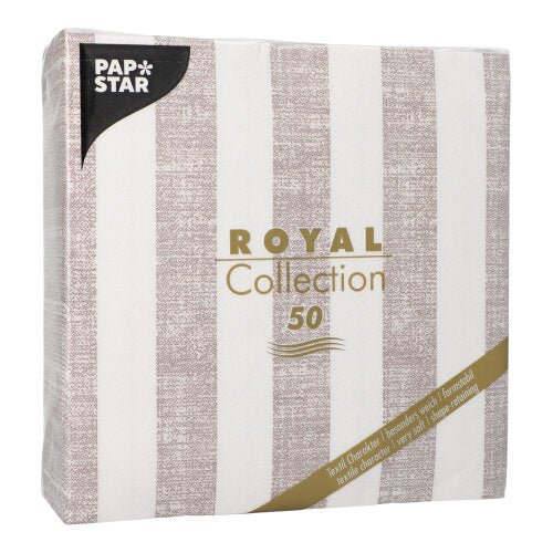En förpackning PAPSTAR 50 servetter "ROYAL Collection" 1/4-vikt 40 x 40 cm mocca från PAPSTAR GmbH innehåller 50 servetter i mocca-design, med produktnamnet och antal tryckt i guld på framsidan.