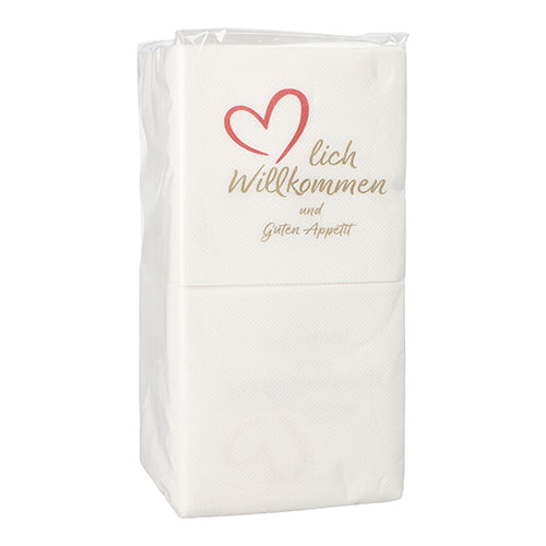 Ett paket PAPSTAR 125 servetter, 2-lagers „PUNTO“, 1/4-vikning (20x20 cm, mikropreglade) från PAPSTAR GmbH – dekorerat med ett rött hjärta och texten „lich Willkommen und Guten Appetit“, perfekt för speciella tillfällen.