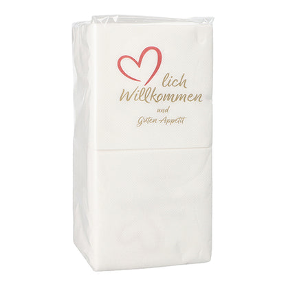 Ett paket PAPSTAR 125 servetter, 2-lagers „PUNTO“, 1/4-vikning (20x20 cm, mikropreglade) från PAPSTAR GmbH – dekorerat med ett rött hjärta och texten „lich Willkommen und Guten Appetit“, perfekt för speciella tillfällen.