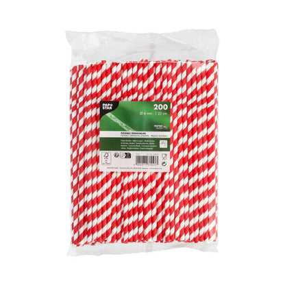 En klar plastpåse innehåller 200 PAPSTAR sugrör papper röd/vit "Stripes", flexibla, 22 cm. Etiketten från PAPSTAR GmbH visar storlek och miljövänligt pappermaterial på vit bakgrund.