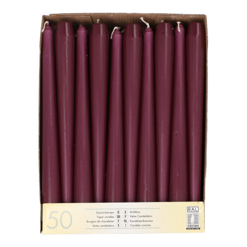 En kartong med 50 kastanjebruna, 25 cm långa och 2,2 cm tjocka ljus, som är ordnade i en enda rad sett ovanifrån. På etiketten står "Starpak 50 ljus Ø 2,2 cm-25 cm" med mängdangivelser på flera språk.