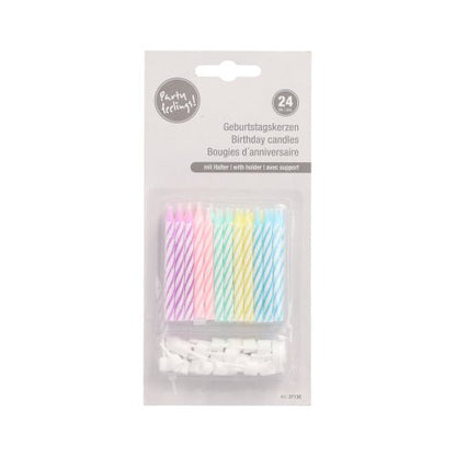 PAPSTAR 24 pastellrandiga födelsedagsljus (rosa, lila, blå, gul, vit) med hållare, vardera 6 cm, i klar trespråkig förpackning (tyska/engelska/franska), 10-pack från PAPSTAR GmbH.
