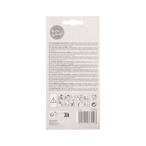 Den ljusa förpackningen av PAPSTAR 24 födelsedagsljus med hållare (pastell, sorterade, 6 cm) från PAPSTAR GmbH är försedd med en liten, tät instruktion, varningssymboler, återvinningsinformation, en streckkod och texten "Party feeling!" längst upp.