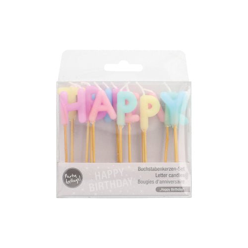Det PAPSTAR bokstavsljussetet består av pastellfärgade bokstavsljus med texten "HAPPY BIRTHDAY", som är 8 cm stora och står på gyllene pinnar. Tolv stycken per kartong, förpackade i en genomskinlig låda med texten "Bokstavsljus" och "HAPPY BIRTHDAY". Märke: PAPSTAR GmbH.