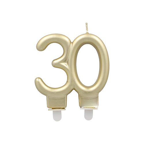 De PAPSTAR GmbH Jubileumsljus med hållare 7 cm "guld" är ett guldfärgat ljus i form av siffran 30 med två vita socklar för enkel uppställning - idealisk som födelsedagsljus för jubileumsfester.