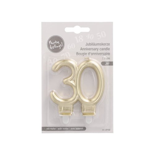 PAPSTAR Jubileumsljus med hållare 7 cm "guld" från PAPSTAR GmbH: Nummer 30 jubileumsljus med hållare, märkt på tyska, engelska och franska för enkla födelsedagsfester.