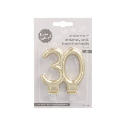 PAPSTAR Jubileumsljus med hållare 7 cm "guld" från PAPSTAR GmbH: Nummer 30 jubileumsljus med hållare, märkt på tyska, engelska och franska för enkla födelsedagsfester.