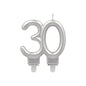 Ein silberner PAPSTAR Jubiläumskerzen mit Halter 7 cm von PAPSTAR GmbH, in Form der Zahl 30 mit zwei kleinen weißen Sockeln und einem Docht - ideal für Jubiläumsfeiern.