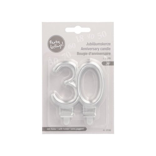 Ett paket från PAPSTAR GmbH innehåller två jubileumsljus med hållare (7 cm, silver) i form av "30" för jubileer, med flerspråkig förpackning och ett genomskinligt plastfodral för enkel användning.