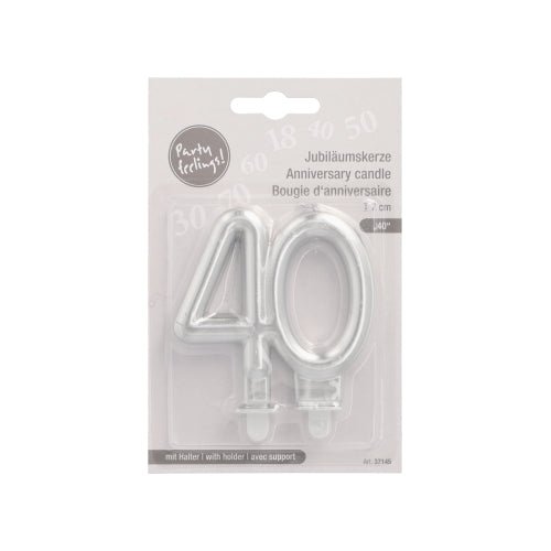 PAPSTAR GmbH jubileumsljus med hållare 7 cm "silver" med silvernummer 40, idealiskt för födelsedagar eller jubileer, förpackat i en display av plast och kartong med tysk, engelsk och fransk text.
