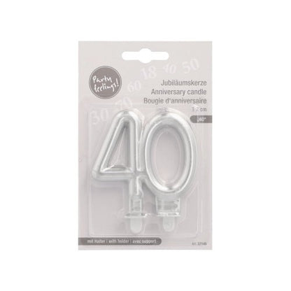 PAPSTAR GmbH jubileumsljus med hållare 7 cm "silver" med silvernummer 40, idealiskt för födelsedagar eller jubileer, förpackat i en display av plast och kartong med tysk, engelsk och fransk text.