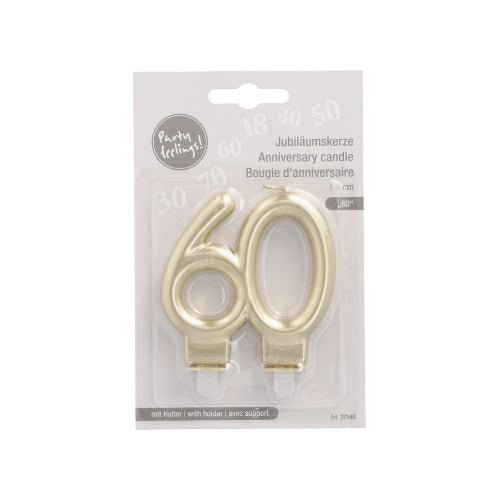 De PAPSTAR Jubileumsljus med hållare 7 cm "guld" från PAPSTAR GmbH är ljus i sifferform (60), idealiska för födelsedagar eller jubileer. De levereras med hållare och har en flerspråkig förpackning.