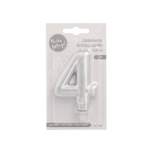 Det PAPSTAR GmbH sifferljus med hållare 7 cm "silver" är förpackat i klar plastförpackning med vit bakgrund, som visar texter på tyska, franska och engelska.