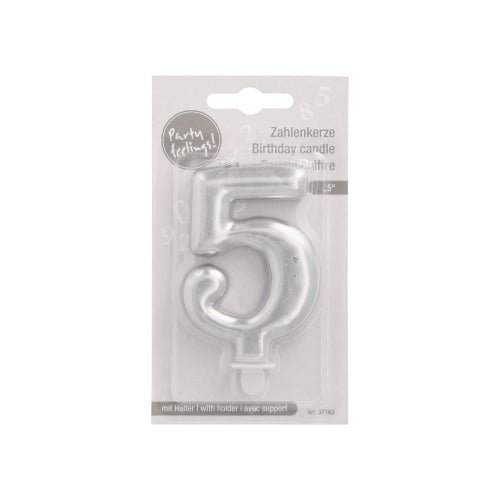 Det PAPSTAR GmbH sifferljus med hållare 7 cm "silver" är ett metalliskt sifferljus i plastförpackning med engelsk, tysk och fransk text. Det har en liten hållare vid basen för enkel placering på tårtor.