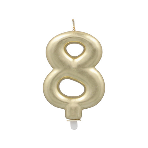 Die PAPSTAR GmbH Zahlenkerze mit Halter 7 cm "gold" ist eine goldfarbene Zahlenkerze mit einem kleinen weißen Sockel, ideal als Kuchen Dekoration oder Geburtstagskerze.