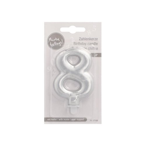 Den PAPSTAR GmbH sifferljus med hållare 7 cm "silver" är ett silver sifferljus (8) i en transparent blisterförpackning med flerspråkig etikett och ett lysande "Party Feeling!"-klistermärke.