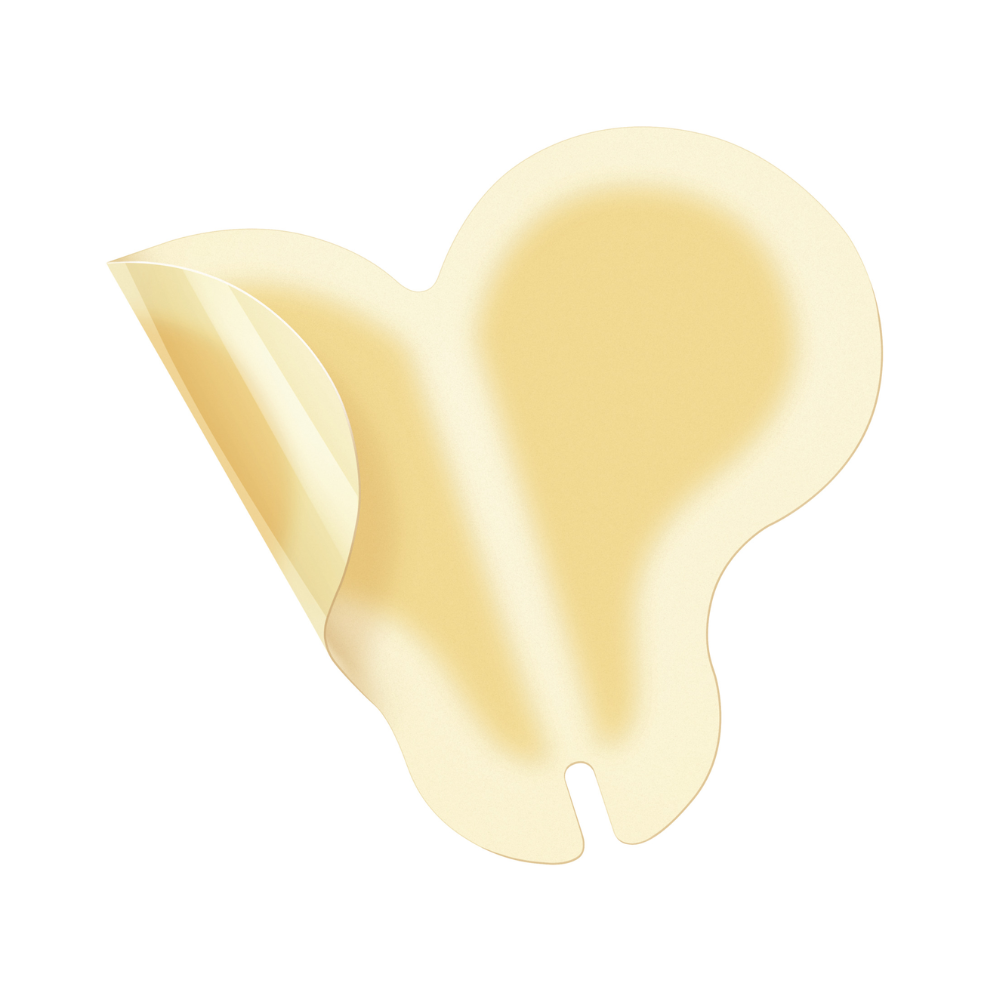 Auf weißem Hintergrund ist ein einzelner Hartmann Hydrocoll Classic Sacral Verband (12 x 18 cm, beige, Schmetterlingsform) der Paul Hartmann AG teilweise von der Unterlage abgezogen zur feuchten Wundbehandlung zu sehen. Packung enthält 5 Stück.